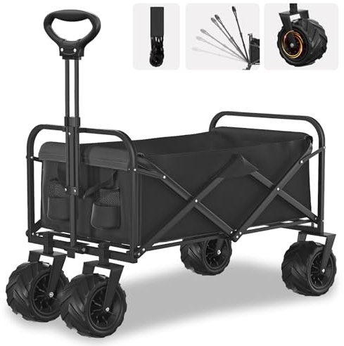 Ribitek Faltbarer Faltwagen, robuster faltbarer Wagen mit 180 kg Tragkraft, Strandwagen mit großen Rädern und 2 Getränkehaltern, Allzweckwagen für Sand, Garten, Einkaufen, Schwarz