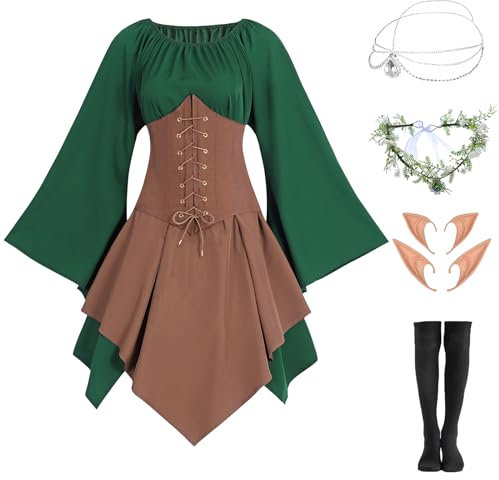 FOVER Ropa gótica medieval para mujer, vestido tradicional irlandés, renacentista, verde, carnaval, Halloween, disfraz de pirata, cosplay, traje con cadena, corona de flores, orejas de elfo,