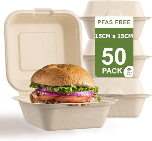 LATERN 50 Pezzi Contenitori per Alimenti a Conchiglia, 15CM x 15CM Scatole da Asporto di Bagassa Compostabili al 100% Ciotole Incernierate Usa e Getta Per L'uso Quotidiano Ristoranti Barbecue Festa