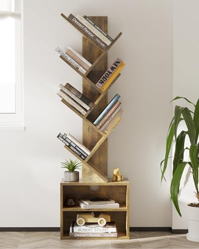 SUNMORY Baumform Bücherregal 6 Ebenen, Standregal mit Schublade, CD DVD Regal,Aufbewahrungregal Holz, freistehendes Holzregal,für Schlafzimmer, Wohnzimmer und Heimbüro, 37 * 20 * 120.4cm,Vintagebraun
