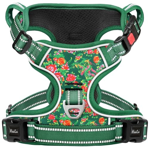 HEELE Hundegeschirr, Brustgeschirre für Hunde, Laufgeschirre Hund mit abschließbarem Schnappverschluss, einstellbare reflektierende Hundegeschirre, Offen am Hals, Anti Zug Dog Harness, Geblümt Grün, L