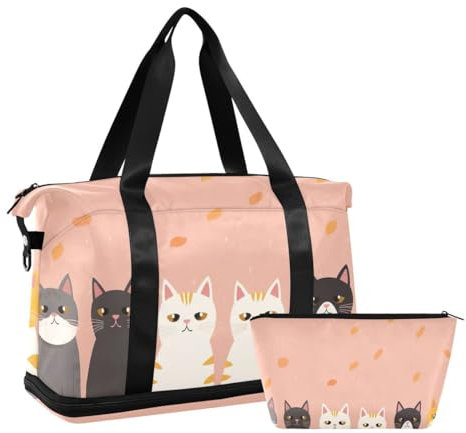 JUMBEAR Sporttasche mit Katzen-Motiv in einer Reihe, mit Nassfach, Reisetasche für Damen und Herren, große Kapazität, mit Schultergurt, für Fitnessstudio, Reisen, Schwimmen, a, 48×22×39.5cm