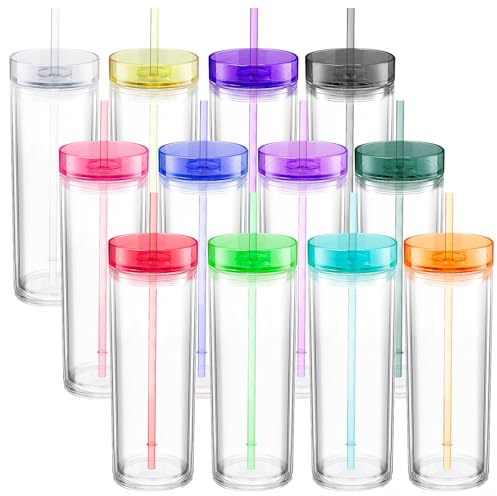 TESIN 12 Pcs Acrylic Skinny Tumblers 16 oz Acrylic Tumblers with Lids and Straws Double Wall Plastic Tumbler Skinny Tumbler Plastic Skinny Tumblers Bulk for Drink Party Birthday Gifts, Multicolor