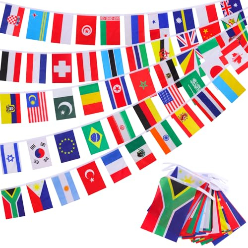 Drapeaux du Monde, 50 Pays Différents Rectangulaires Drapeaux, Fanion Internationaux Bruant Suspendus Décorations pour D'extérieur, Bars, Clubs de Sport, Événements 14,5M/47,56 FT
