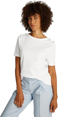 Tommy Hilfiger Damen T-Shirt Kurzarm Stripe Gold mit Knöpfen, Weiß (Ecru), XXL