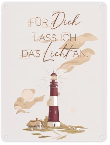 Leuchtturm Metallschild in 15x20 cm - für dich lass ich das Licht an rote und weiße Streifen Küstenlandschaft mit kleinem Haus und Tieren idyllisch Schafe