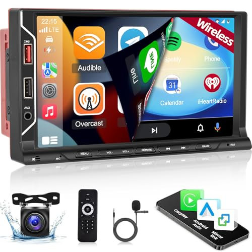 Radio 2 DIN con Carplay Inalámbricas y Android Auto - 7 Pulgadas Pantalla Táctil Radio Coche Bluetooth Pantalla con Enlace Espejo, Bluetooth, Radio FM, SWC, Entrada AUX/USB + Cámara de Marcha Atrás