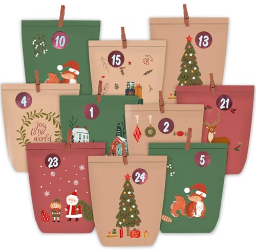 KOHMUI Adventskalender zum Befüllen, 24 Weihnachtskalender Papiertüten zum Selber Basteln, Adventstüten mit 1-24 Zahlensticker zum Selbst Füllen