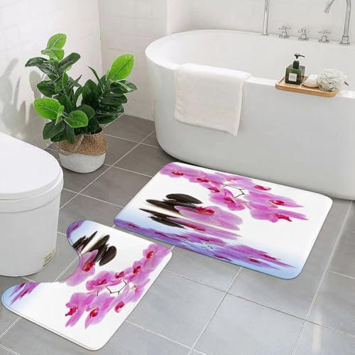 AELKSP Badezimmerteppich Set 2 Teilig,blühende Orchidee,rutschfest Waschbar Badvorleger Set,Saugfähig Badematte Badteppich Set mit
