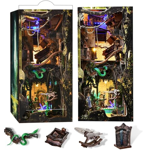MiniCity Book Nook Kit DIY Miniatur Puppenhaus Buchecken-Kit 3D Holzpuzzle Buchstütze Bücherregal Einsatz Dekor mit LED-Licht für Teenager und Erwachsene (Down The Rabbit-Hole Alice im Wunderland)