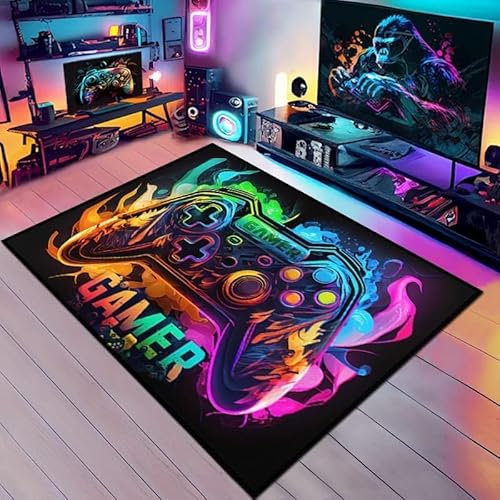Game Controller Bereich Teppich, Gamer Rutschfeste Fußmatte Gaming Teppich, Gamer Teppich Spielkonsole Dekoration, Waschbar Gaming Teppich für Jungen Schlafzimmer Wohnzimmer Dekor, 120 x 160 cm, E