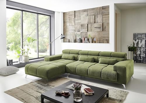 möbelando Wohnlandschaft >Starlett< in Khaki, Ottomane Links, 3X manuelle Kopfteilverstellung, Metallfüße Chrom, Nosagunterfederung, Bonellfederkern, inkl. 3 Zierkissen, 285x79-99x201 cm (BxHxT)