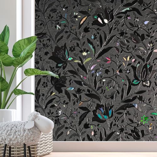 Zindoo Black Tulip Privacy Window Film Non Adhesive Decorative Anti-UV Frosted Window Film for Office Bathroom Bedroom Meeting Room 59.5 x 200 cm