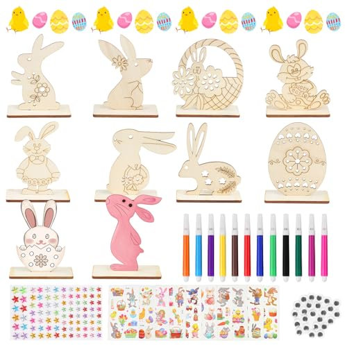 Moosono Ostern Bastelset Kinder, 68 Stück Hasen aus Holz zum Basteln, DIY Osterhase Deko, Osterhase Holzhuhn Holzeier Basteln mit Aquarellstift, Kulleraugen, Strass & Bunte Aufkleber