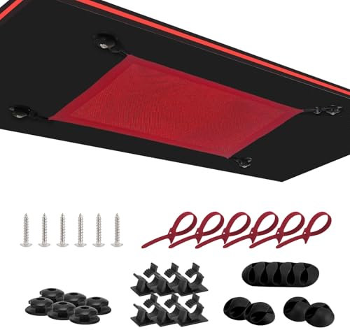 WurdeWindig Under Desk Cable Management Net – Heavy-Duty Elastic Wire Tidy, 1-Minute Setup, Child & Pet-Safe Cable Organiser for Home/Office/Gaming Desks,Washable Oxford Fabric(Red,40 * 28 cm)