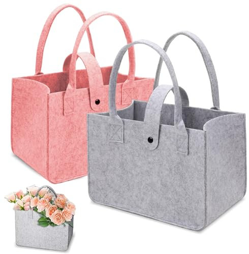 GOIEHIR Filztasche Einkaufstasche, 2 Stück Faltbar Filztaschen Shopper, 30 * 20 * 18 cm Filz Tasche, Große Kapazität Filztasche, Filztaschen Shopper für Einkaufen, Picknick, Aufbewahrung (Rosa Grau)