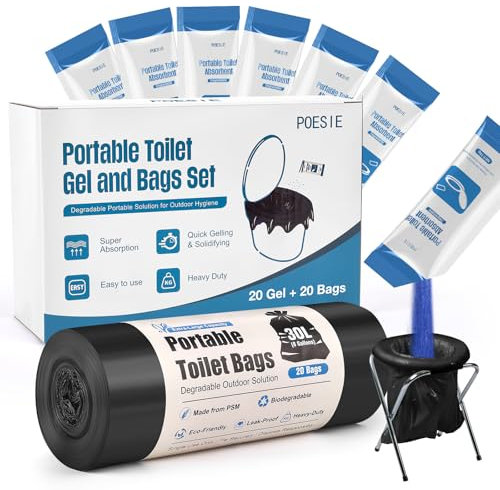 Poesie Absorbent Gel Toilet Bags Set, 8 Gallon Compostable Portable Toilet Bags with Camping Gel, Camping Toilet Bags and Gel Set for RV, Hiking, Emergency 20 Gels and 20 Bags