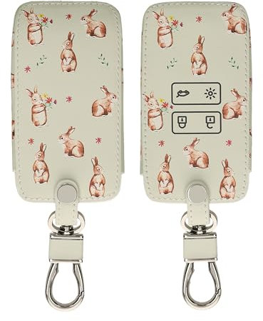 kwmobile Key Cover Compatible with Renault 4 Button Car Key (only Keyless Go) - Faux Leather - Rabbits and Flowers White/Brown/Gray Green
