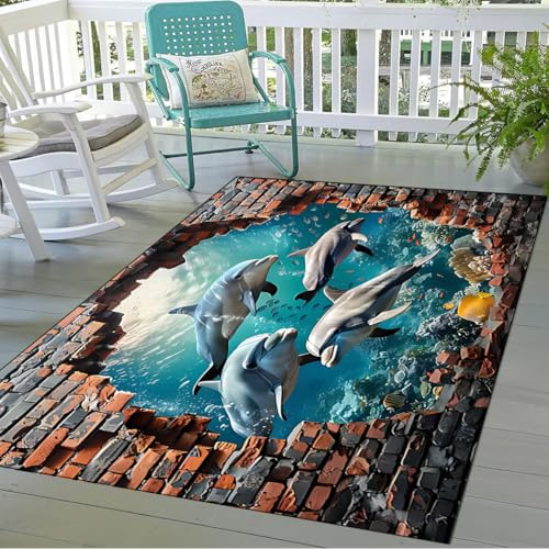SMXVRC 3D Delfin Schlafzimmerteppich, 60x110cm, Meeresboden Meerestiere Tropische Fische Heimdekor Teppich, StrapazierfäHig Kurzflor Fusselfrei 3D Druck rutschfeste Teppiche für Kinderzimmer
