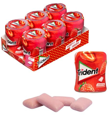 iChuches- Chicle sin azúcar de larga duración Trident. Refrescante, sin calorías, ideal para el aliento (6 botes, grageas fresa)