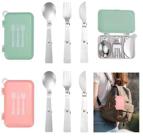 DIYJEP 2 Set di Posate da Viaggio Pieghevoli con Custodia, Posate da Campeggio in Acciaio Inox, Utensili Portatili Riutilizzabili Cucchiaio Forchetta Coltello per Scuola Ufficio Picnic (Rosa + Verde)