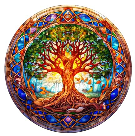 SECOGM Holzpuzzle Erwachsene, 100 Teile Buntglas Puzzle, Lebensbaum Holz Puzzle Erwachsene, 21.5x21.5cm Wooden Puzzle, Unregelmäßige Form, Premium-Holzpuzzle Geschenkbox