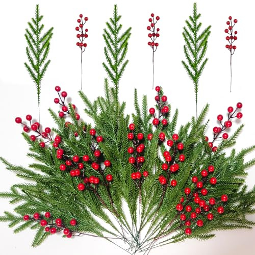 Jadeunm 45 Stück Tannenzweige Künstlich Wie Echt,Weihnachten Kiefernzweige | mit Rote Beeren Zweige Künstlich Norfolk Tannenzweige Tannengrün Deko für DIY Adventskranz Girlande Winter Deko