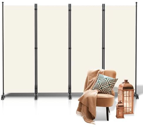 ISOISL Paravent, Raumteiler klappbar auf Rollen 4-teilig 228x181 cm, Wetterfester Paravent für Büro Garten Balkon Terrasse innen- Beige