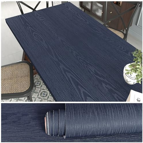 VEELIKE Dark Blue Wood Effect Wallpaper Textured Peel and Stick Wallpaper 60 x 300cm Blue Wood Effect Vinyl Self Adhesive Waterproof Contact Paper Removable Vinyl Wrap for Furniture Countertop Cabinet