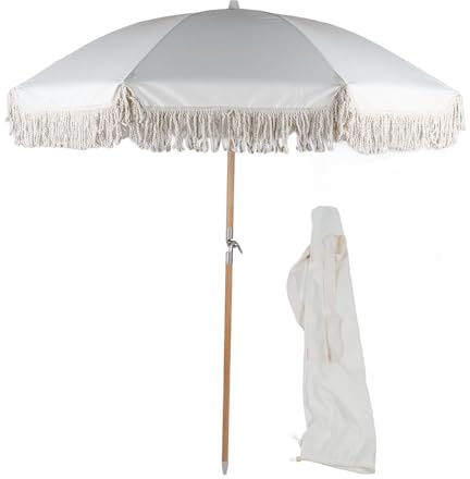 Parasol bohème avec franges, 8 baleines en fibre de verre, protection, grand parasol de table d'extérieur 215 x 180 cm – Construction robuste, légèrement inclinable, pour terrasse et jardin, beige