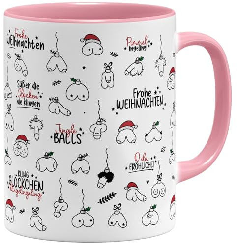 OM3® Lustige Jingle Balls Weihnachts Kaffee-Tasse mit Penisse - Pimmel Tasse Penis-Muster Doodle - Keramik Becher - 325ml - Beidseitig Bedruckt - Rosa