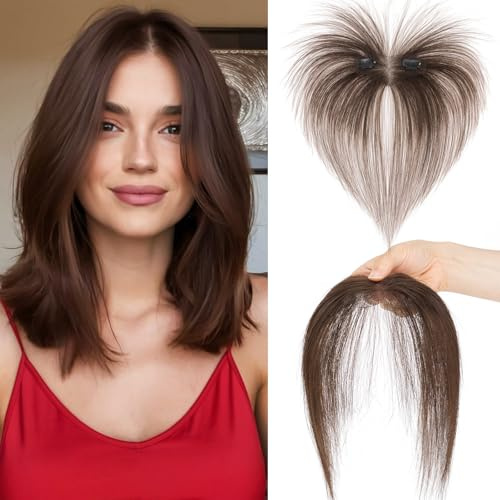Benehair Echthaar Hair Topper für Frauen, 100% Echthaar Topper Seitenpony, 9g Haarverdichtung für Dünnem mit Bange, 5x12CM Basis Menschliches Haar Toppers Oberkopf, Mokkabraun #2R