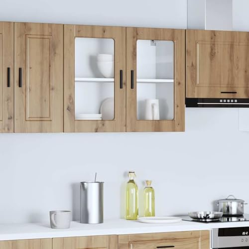 Owoxanthellate Porto Artisan Oak 80×31×60 cm Wall Cupboard, Glass Door, Engineered Wood, Wall-Mounted Kitchen Pantry for Cookware & Plates