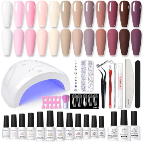 BORN PRETTY Gelnägel Starterset 47PCS U V Nagellack Set mit 48W U V/LED Nagellampe Nudefarben Weiß Rosa Nagelset Top Coat Base Gel Gelnägel Maniküre Set Komplett