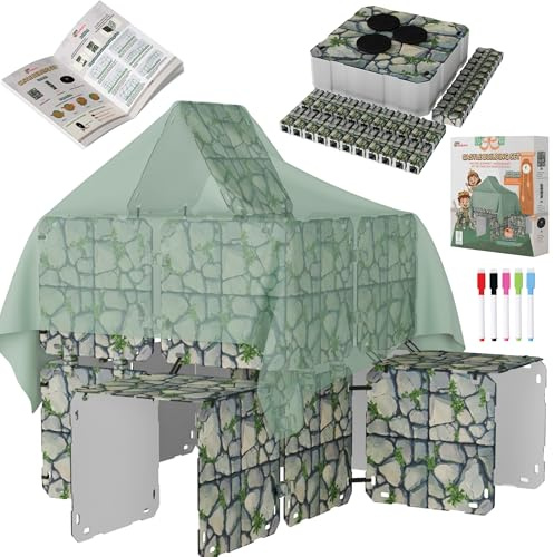 Papphaus Baukasten für Kinder zum Bauen und Bemalen, Karton Fort Bausatz mit Steinwand Design, extra stark beschichtete Platten, inkl Marker, Anleitung und Klettband, kreatives Baukit Indoor, 68 Teile
