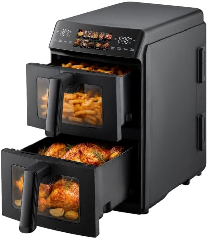 Just Perfecto Friteuse sans Huile 10L Double Bac Écran Tactile Noir | 2 bacs indépendants, fenêtre de visualisation, cuisson sans huile, paniers antiadhésifs, entretien facile, repas famille