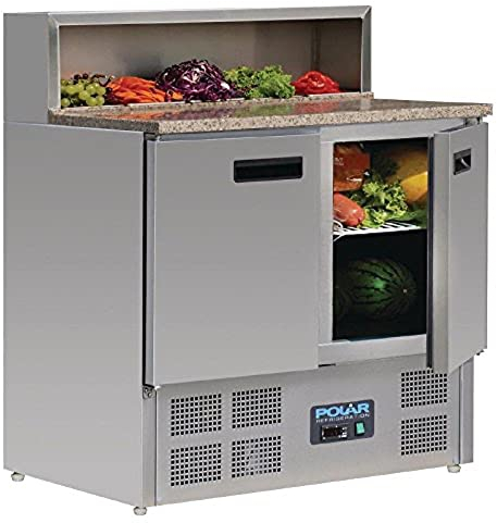 Polar Refrigeration G-Series 230W Pizza Food Prep Double Door Counter Fridge 288 Litre, Granite Worktop, Stainless Steel, 2°C to 8°C, 1100(H)x900(W)x700(D)mm, 2 Shelves, Fan-Assisted Cooling | G603