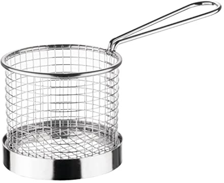 Olympia Round Presentation Basket with Handle, Stainless Steel, 80mm | Dishwasher safe for rapid cleaning; extended reach grip allows easy, hygienic use during busy food service.