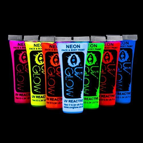 UV Glow 10ml Vernice Fluorescente Pelle Viso Corpo Colore UV - Neon Glow Fluo (10ml x7)