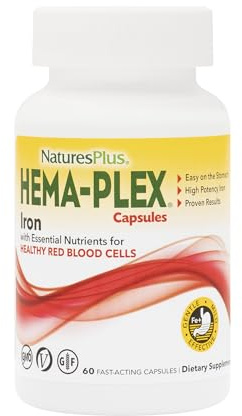 NaturesPlus Hema-Plex Iron - 60 Fast-Acting Capsules - 85 mg Chelated Iron + Vitamin C & Bioflavonoids for Healthy Red Blood Cells - Vegan, Gluten Free - 30 Servings