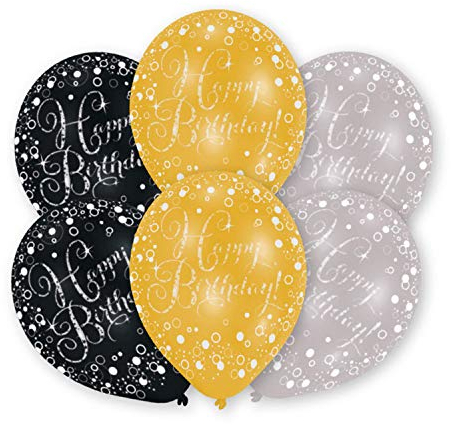 Amscan 9901069 - Latexballons Happy Birthday, 6 Stück, circa 28 cm, Gold, Silber, Schwarz, Geburtstag, Luftballon