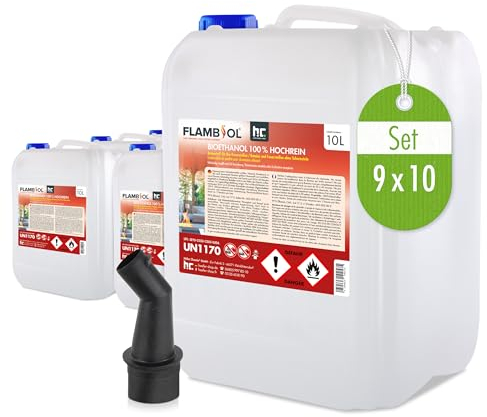 Bioéthanol 100% FLAMBIOL 9 x 10 L- Combustible Liquide Dénaturé pour Cheminée et Foyer à l'éthanol - Usage Intérieur - Combustion Propre et Quasi Inodore