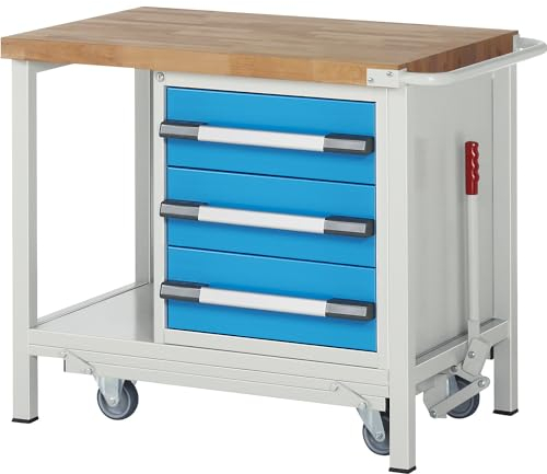 eurokraft | Fahr- und absenkbare Werkbank | Gestellbauweise Serie 8000 | 3 Schubladen | Ablageboden | BxT 750 x 700 mm