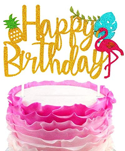 JeVenis Glitter Flamingo Cake Toppers Flamingo Alles Gute zum Geburtstag Kuchen Dekoration Tropical Hawaiian Luau Themed Party Supplies