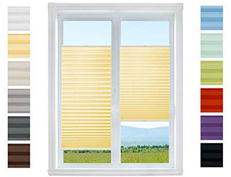 Plissee Rollo NACH MAß zum Anschrauben | TOP QUALITÄT Pearl Stoffkollektion | Halterungen zum Schrauben | Faltrollo Jalousie, Sichtschutz, Sonnenschutz Fenster (Gelb, B: 101-110cm, H: 91-110cm)