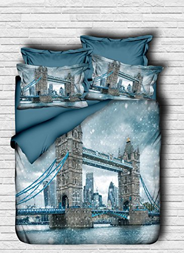 DecoMood 3D London Bettwäsche, London Tower Bridge Themed Quilt/Bettbezug-Set, blau, 4-teilig, volle Größe (voll)