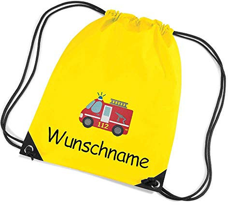 Feenstickerei Turnbeutel Feuerwehr bestickt mit Namen personalisiert gelb Sportbeutel Schuhbeutel Schwimmbeutel Wäschebeutel 45x33 cm