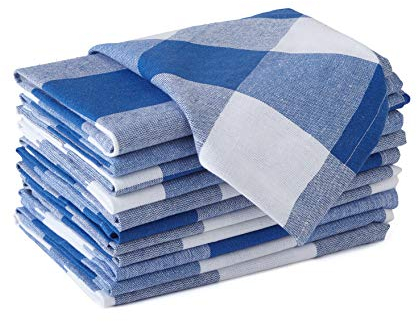 Encasa XO Baumwoll-Servietten Set mit 12 Stück | Büffelblaue Karos | Größe 43x43 cm | Tischservietten | Maschinenwaschbar & Wiederverwendbar