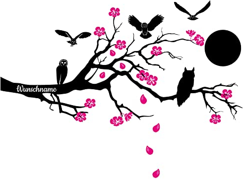 Wandtattoo mit Ast Zweig Kirschblüten 115x52cm Wandbild personalisiert Aufkleber selbst gestalten für Garderobe Flur Eingang Wohnzimmer Schlafzimmer Wandaufkleber Deko Baum (01 Eule, Mit Wunschtext)