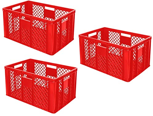 BRB 3x Eurobehälter duchbrochen/Stapelkorb, Industriequalität, LxBxH 600x400x320 mm, rot